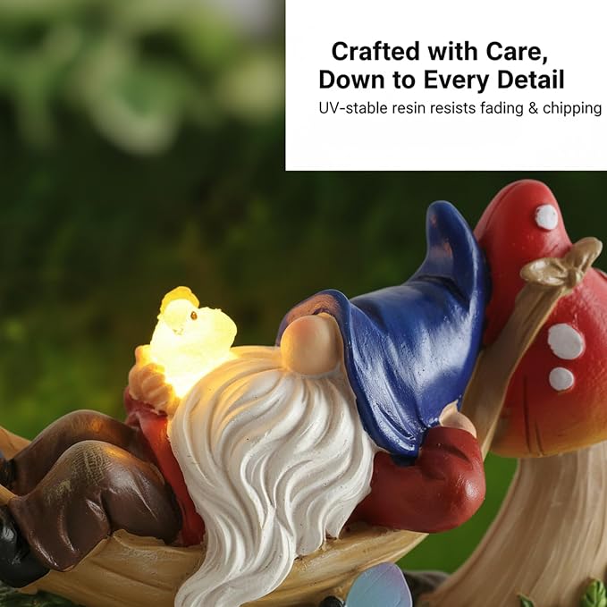 Solar Gnome Garden Statue with Mushroom and Butterfly Lights Outdoors, Waterproof Garden Decor for Yard Lawn Balcony, Cute Gnome Figurine for Outdoor Patio Decor, Ideal Gift for Garden Lovers