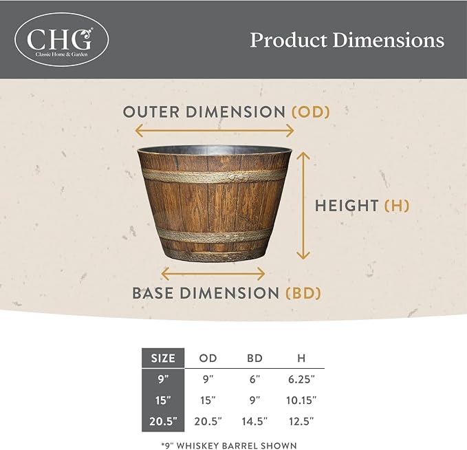 Classic Home and Garden Outdoor Round Whiskey Resin Flower Pot Barrel Planter, Distressed Oak Brown, 15" (Pack of 2)
