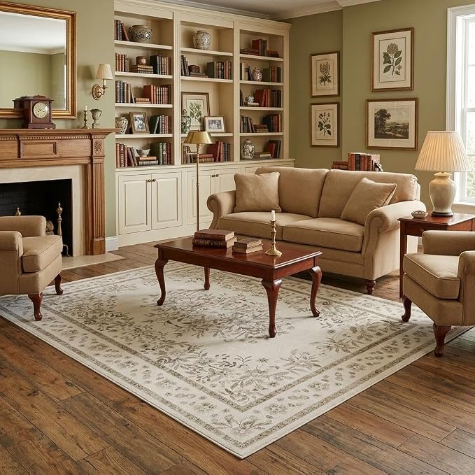GarveeHome 5x7 Floral Rug for Dining Leaf Flower Botanical Bordered Carpets | Vintage Distressed Beige Floral Bedroom Rug Low Pile Machine Washable Non-Slip Area Rug for Guest Room Living Room