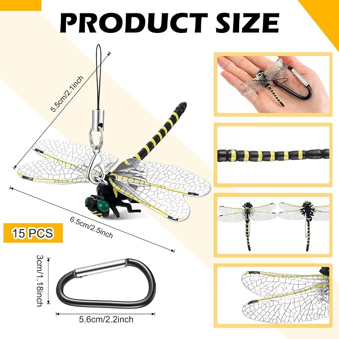 Qualirey 15pcs Dragonfly Hat Clip 2.2inch Realistic Dragonfly with Hook Attach to Backpack Hat Keychain for Indoor Yard Garden Plant Decor