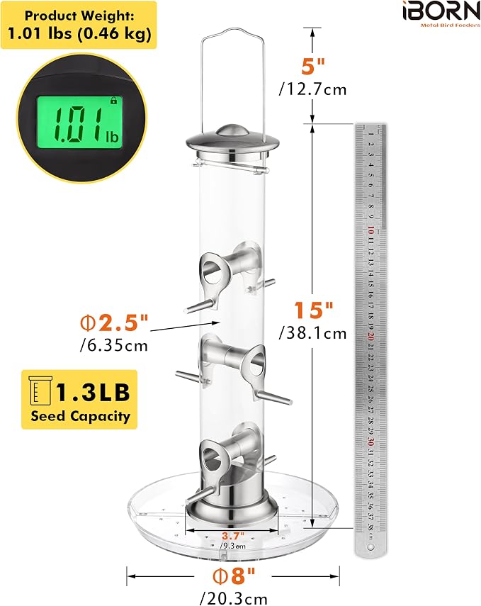 iBorn Bird Feeders Seed Catcher for Outside Hanging 6 Port Bird Feeder for Cardinal Birds Aluminium Metal,Brushed Nickle Finishing 14 Inch 6 Port (Seed is not Included)