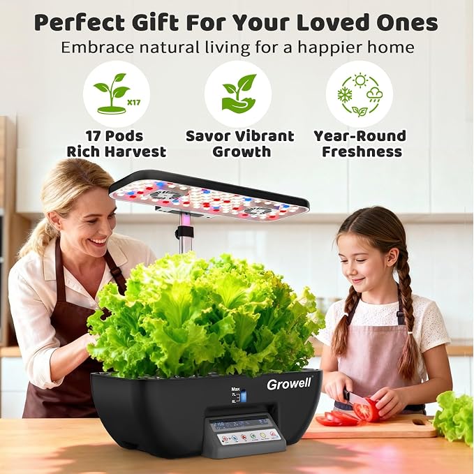 Growell 17 Pods Hydroponics Growing System Kit, Indoor Garden with 2 Fans | for Airflow & Anti-Mold, LED Grow Light, Smart Water Cycle, Auto Timer, 10L Large Water Tank,Gardening Gift, Black/Gery