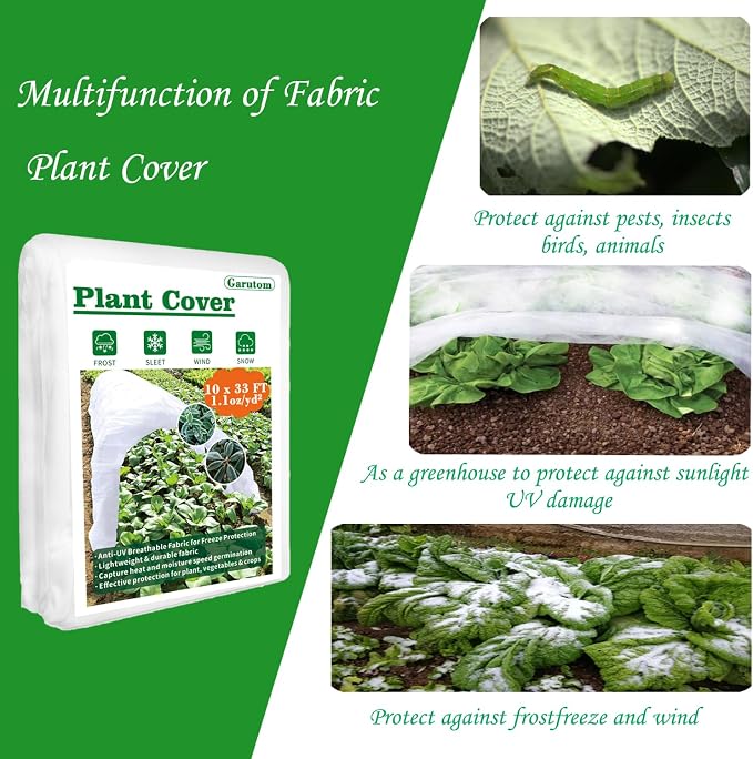 Garutom Plant Covers Freeze Protection 10ft x 33ft 1.1 oz Frost Cloth Plant Freeze Protection, Frost Blankets for Outdoor Plants Winter or Floating Row Covers Shade Cloth for Gardens, Vegetables