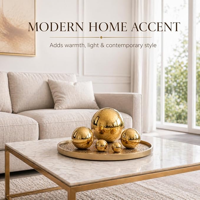Gazing Ball Garden Mirror Outdoor - Outside Decorative Globe, Gold, 2Pcs | Metal Polished Reflective Sphere, Stainless Steel Hollow Decoration Ornament for Home Pond Swimming Pool Housewarming Gift
