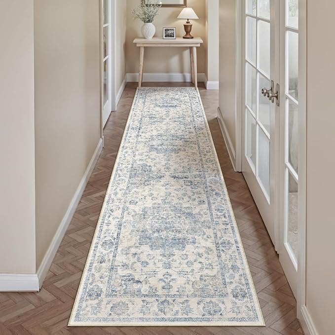 2x10 Blue Neutral Runner Rug | Washable, Non Slip, Soft Low Pile, Vintage Farmhouse, for Hallway Kitchen Laundry Bathroom Bedroom Living Room Home Decor
