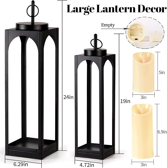 MATAHUM 24" 19" Large Lanterns Decorative Outdoor Indoor, 2 Pcs Black Metal Floor Candle Lanterns with Candle, Farmhouse Lantern Decor Outdoor Lanterns for Front Porch, Fireplace Mantel, Patio, Garden