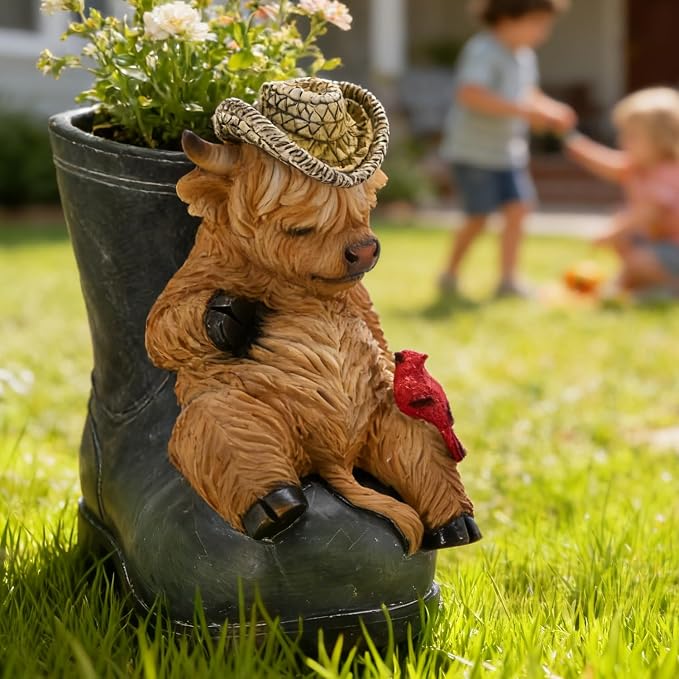 Rain Boot Planter with Sleeping Highland Cow - Unique Outdoor Resin Flower Planters for Garden Decor Patio Porch - Cute Decorative Pots for Succulents