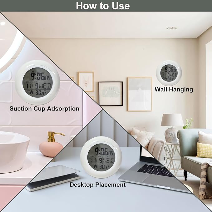 Digital Bathroom Waterproof Clock, Indoor White Wall Clock with Suction Cup, Plastic Frame, Flexible Choice for Hanging Or Standing, Modern Silent Small Wall Clock for Living Room and Kitchen