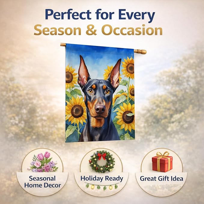 Caroline's Treasures DAC6068CHF Doberman Pinscher in Sunflowers House Flag Large Porch Sleeve Pole Decorative Outside Yard Banner Artwork Wall Hanging, Polyester, House Size, Multicolor