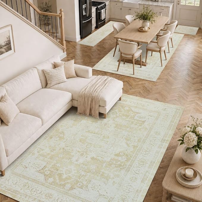 5x7 Area Rug for Living Room Vintage Neutral Washable Rugs | Beige Stain Resistant Farmhouse Boho Floral Indoor Carpet for Bedroom Office and Home Decor
