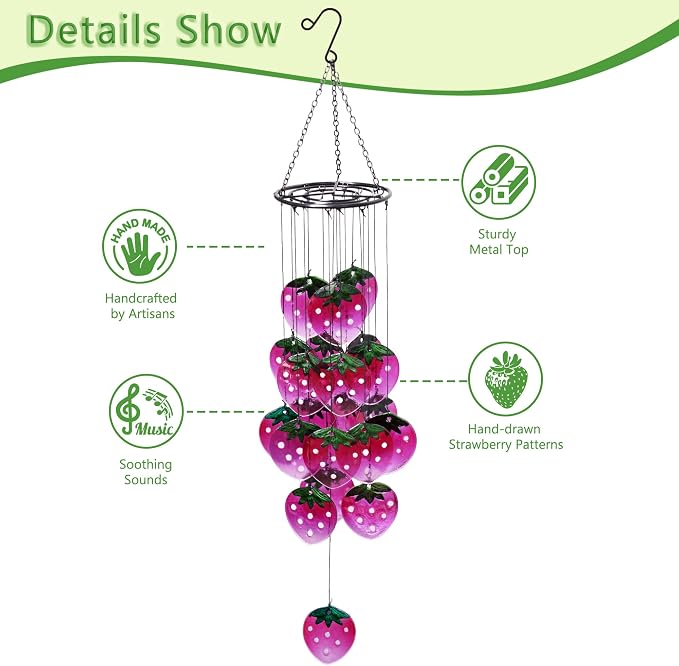 Small Sea Glass Wind Chimes for Outside, Strawberry Windchimes Outdoors Unique, Sea Glass Art Wind Chimes Outdoor Gifts for Women, Hanging Outdoor Garden Decor