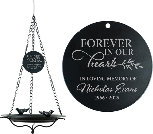 Personalized Memorial Bird Bath, Forever in Our Hearts Outdoor Home and Garden Decor, Custom Memorial Gifts, Hanging Sympathy Birdbath, in Memory of Bereavement Bird Bath Gift