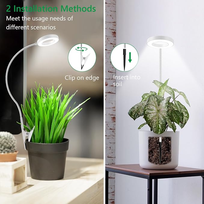 Plant Light Clip on 2 Pack, 6000K White Full Spectrum Plant Lights for Indoor Growing, Halo Grow Lamp with 360° Gooseneck, 6/12/16H Timer, 3 Light Modes, 5 Level Dimmable