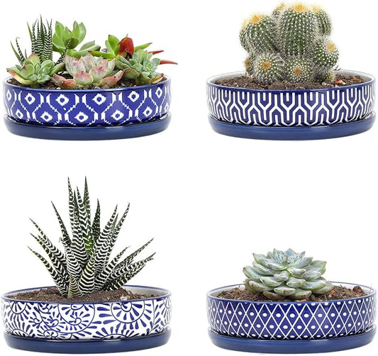 Selamica Ceramic Succulent Pots, Shallow Succulent Planters with Drainage Hole & Saucer, Indoor Plant Pots for Cactus, Home Decor，Vintage Blue,6 inch