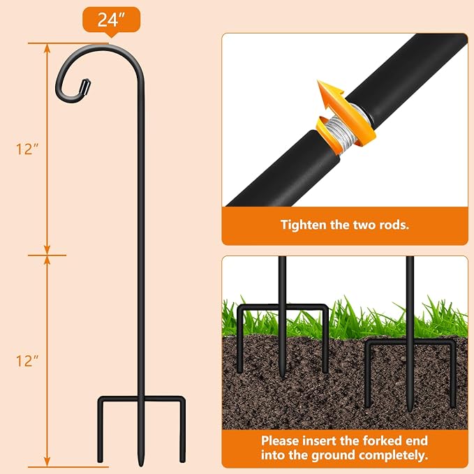 Gtongoko 24 Inch Shepherd Hooks for Outdoor 8 Pack,Garden Hooks for Hanging Plants, Lanterns, Solar Lights, Mason Jars & Wedding Decor, Matte Black Decorative Shepherd’s Hooks