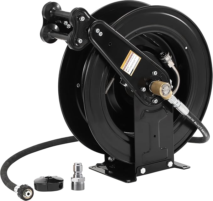 FIXFANS High Pressure Washer Hose Reel for Water/Air/Oil, 50 FT X 3/8" or 100 FT X 1/4" Steel Dual Arm Auto-Retractable Power Wash Hose Reel, Heavy Duty Hose Reel 4000 PSI