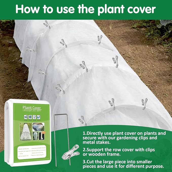 kockuu Plant Sun Protection Cloth, 10ft x 30ft 1.41 oz/yd² White Garden Plant Shade Cloth with 20 Stainless Steel Clips from Direct Sunlight, Plant Covers Frost & Sun Protection for Winter and Summer