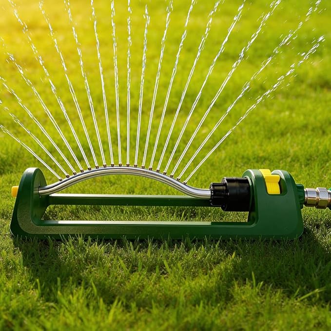 Lawn Sprinkler, 18 Brass Nozzles Garden Water Oscillating Sprinkler for Yard Covers up to 3,600 sq.ft, Heavy Weight Base, Built-in Spray Jet Cleaning Needle, Green, Yellow