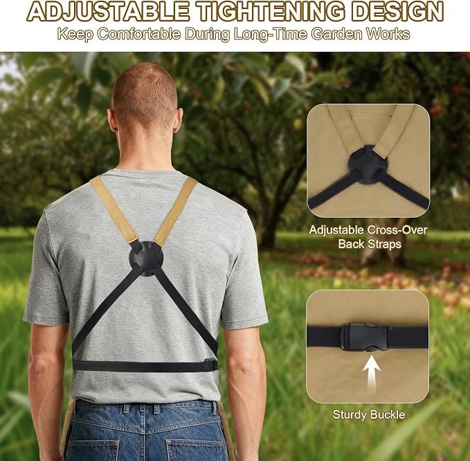 Garden Apron,Harvest Aprons with Drawstring Bag and Pockets for Women and Men,Canvas Fruit Picking Apron
