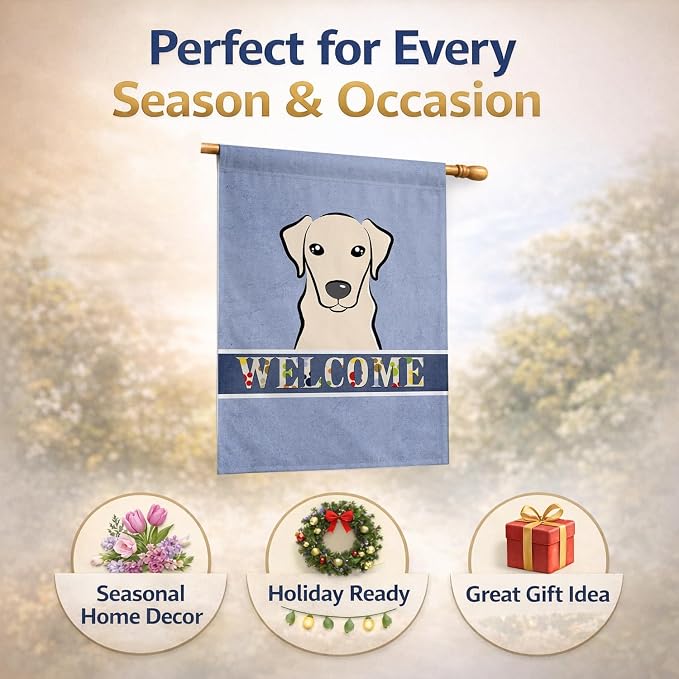 Caroline's Treasures BB1408CHF Yellow Labrador Welcome House Flag, Blue Large Porch Sleeve Pole Decorative Outside Yard Banner Artwork Wall Hanging, Polyester, House Size, Multicolor