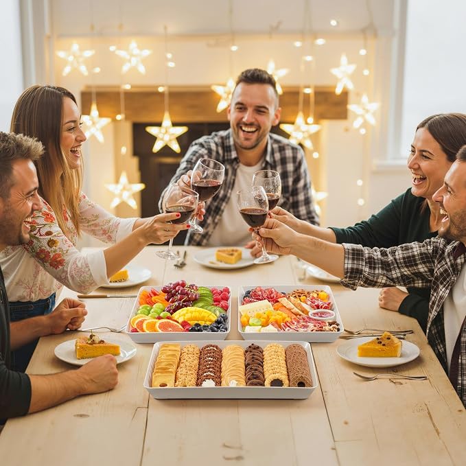 Lifewit 8 Pcs Large Serving Tray for Party, 15" x 10" Reusable Plastic Food Serving Platter for Dessert, Fruit, Cookies, Appetizers & Charcuterie, BPA-Free White Catering Trays for Buffets Display
