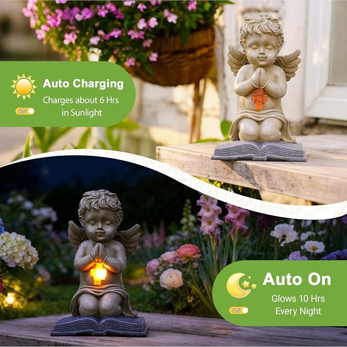 Solar Cherub Statue for Outside - Angel with Glowing LED Cross Light | Guardian Angel for Cemetery, Yard, Pathway, Lawn Decor, Memorial Gardens Gifts