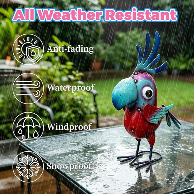 Metal Parrot Statue Outdoor Garden Decor,15" Bird Decor Yard Statue Decorations Outdoor,Funny Parrot Sculpture for Patio, Lawn, Backyard(Pink and Blue)