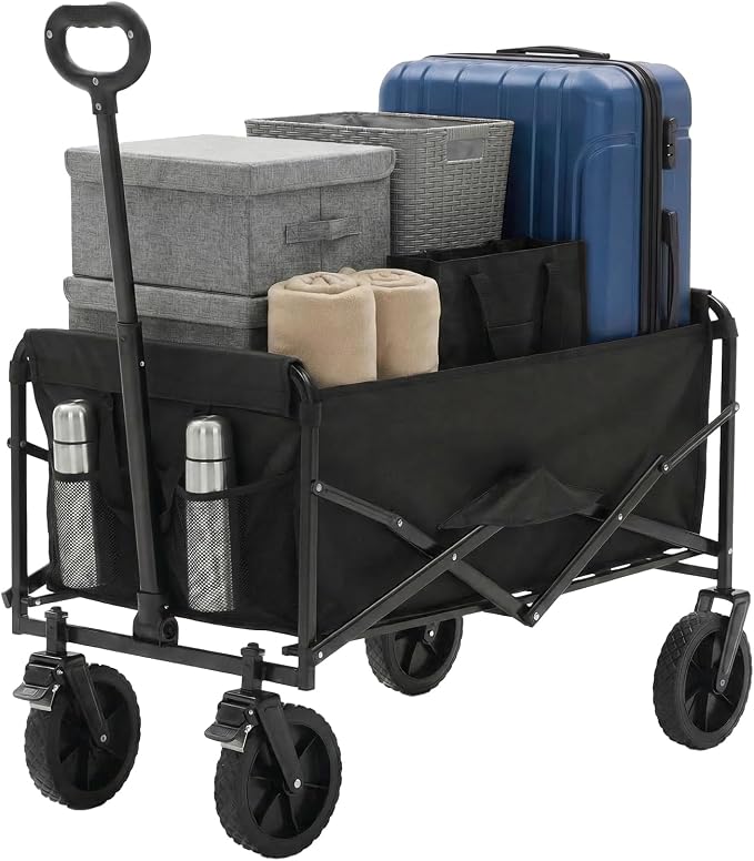 OLIXIS Collapsible Wagon 102L Standard Heavy Duty Utility Folding Wagon Cart with Lockable Brake Wheels – 330 lbs Weight Capacity, Flexible Handle for Beach, Grocery, Camping, Sports & Garden, Black