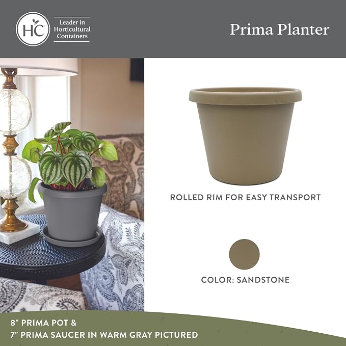 The HC Companies 10 Inch Prima Round Planter Pots with Drainage Holes and Rolled Rim, Lightweight UV-Resistant Plastic Indoor & Outdoor Planters, 2-Pack Flower Pots for Garden & Home Decor, Sandstone