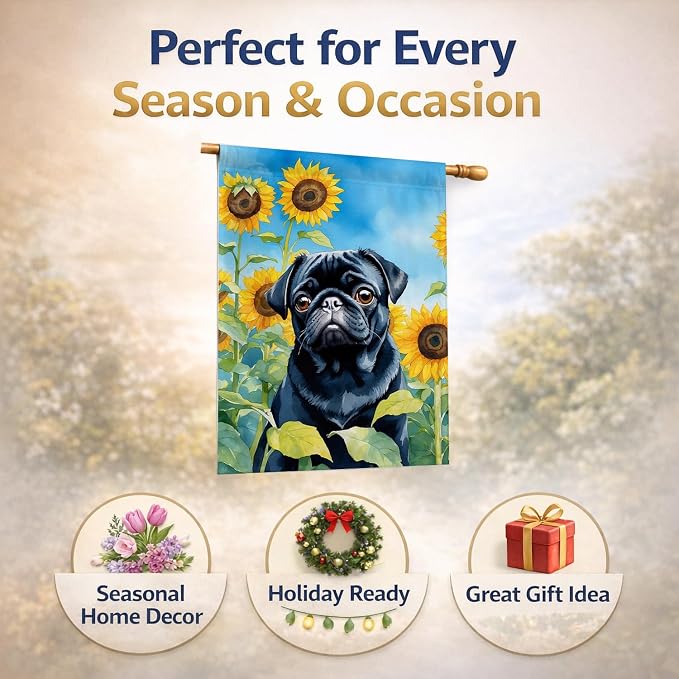 Caroline's Treasures DAC6144CHF Pug in Sunflowers House Flag Large Porch Sleeve Pole Decorative Outside Yard Banner Artwork Wall Hanging, Polyester, House Size, Multicolor