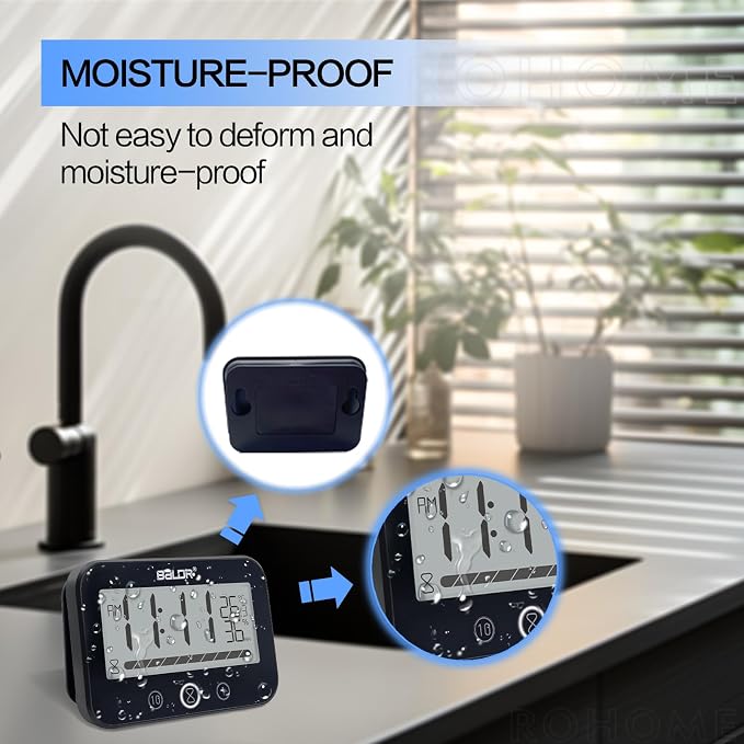 Waterproof Hanging Bathroom Wall Clock with Timer, Large Digital Shower Mirror Suction Clock Thermometer Hygrometer, Visual Kitchen Cooking Countdown Timer, Bath Temperature Humidity Meter (Black)