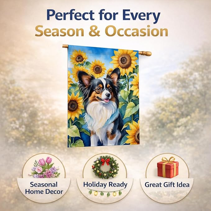 Caroline's Treasures DAC6131CHF Papillon in Sunflowers House Flag Large Porch Sleeve Pole Decorative Outside Yard Banner Artwork Wall Hanging, Polyester, House Size, Multicolor