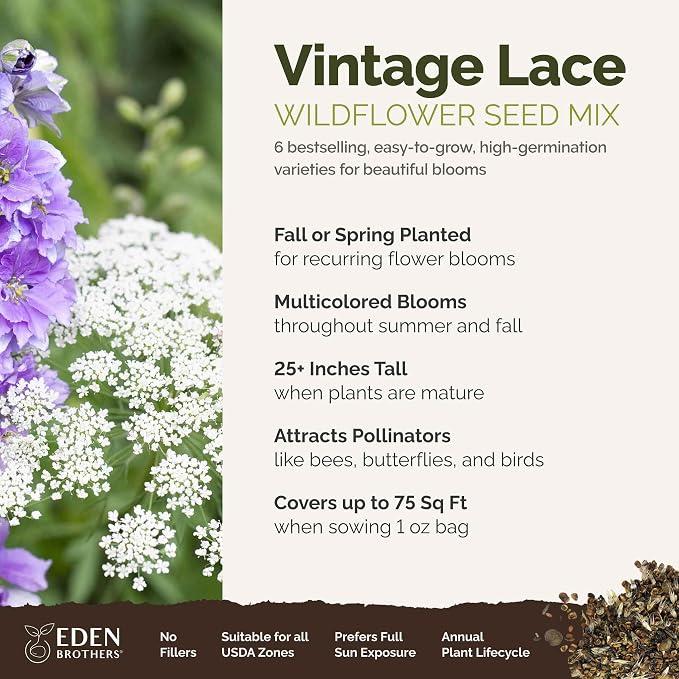 Eden Brothers Vintage Lace Flower Mixed Seeds for Planting, 1 oz, 30,000+ Seeds with Cosmos Gloria, Bishop's Flower, Snapdragon, Attracts Pollinators, Plant in Spring, Zones 3, 4, 5, 6, 7, 8, 9, 10