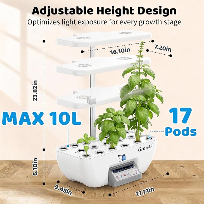 Growell 17 Pods Hydroponics Growing System Kit, Indoor Garden with 2 Fans | for Airflow & Anti-Mold, LED Grow Light, Smart Water Cycle, Auto Timer, 10L Large Water Tank, Indoor Gardening Gift, White