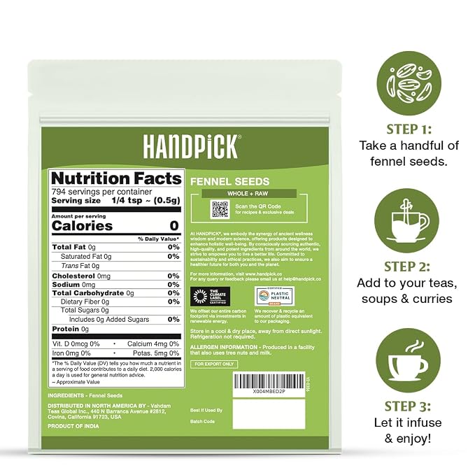 HANDPICK Fennel Seeds (397g/14oz) Tested for Quality | Raw Fennel Seed | Perfect for Cooking, Teas, Smoothies & Lattes | Bulk Whole Seeds in Resealable Zip Lock Pouch (Packaging may vary)
