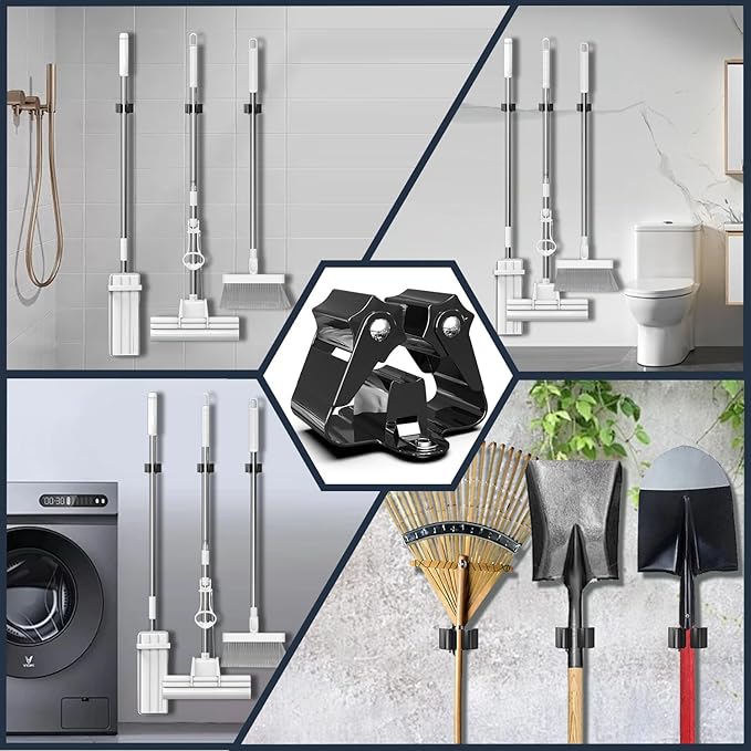 3-H Broom Holder Wall Mount 20 Pack, Heavy Duty Stainless Steel Mop and Broom Organizer Clips, Strong Grip Wall Mount Holders for Garage, Garden, Laundry Room & Utility Closet, Black
