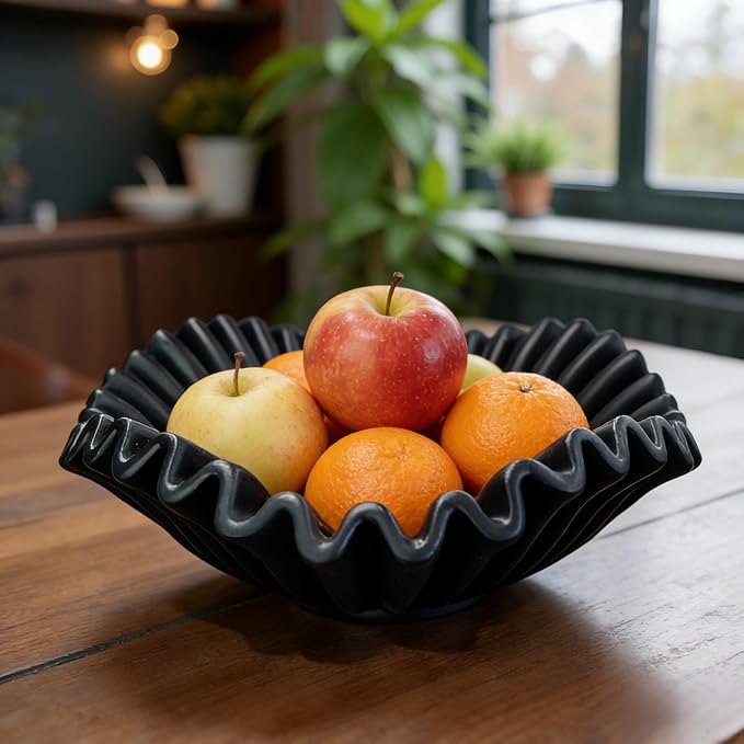 Large Decorative Handmade Bowl Decor, Modern Home Decoration, Fan Shaped Bowl, Ruffle Decor, Stylish Key Bowl for Entry Table, Decorative Fruit Bowl for Kitchen Counter, Black