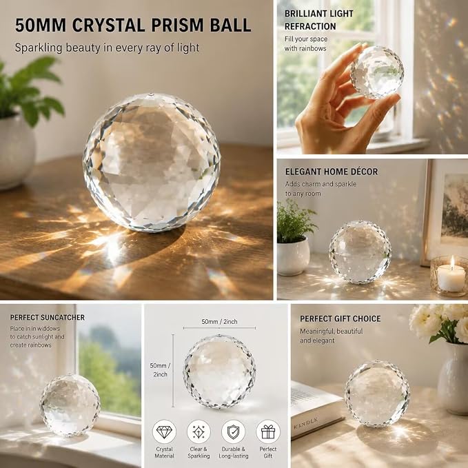 Clear Cut Crystal Sphere 50mm Faceted Gazing Glass Ball Suncatcher | Create a Prism of Light,Have a Flat end to Display,Rainbow Maker,for Home Hotel Bedroom Bedside Table Photography Décor