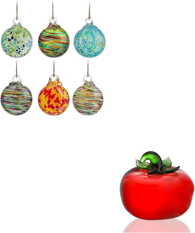 6pcs Hand-Blown Glass Ornaments Hanging Glass Gazing Balls and Glass Red Tomato Figurine