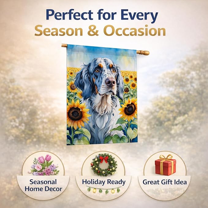 Caroline's Treasures DAC6075CHF English Setter in Sunflowers House Flag Large Porch Sleeve Pole Decorative Outside Yard Banner Artwork Wall Hanging, Polyester, House Size, Multicolor