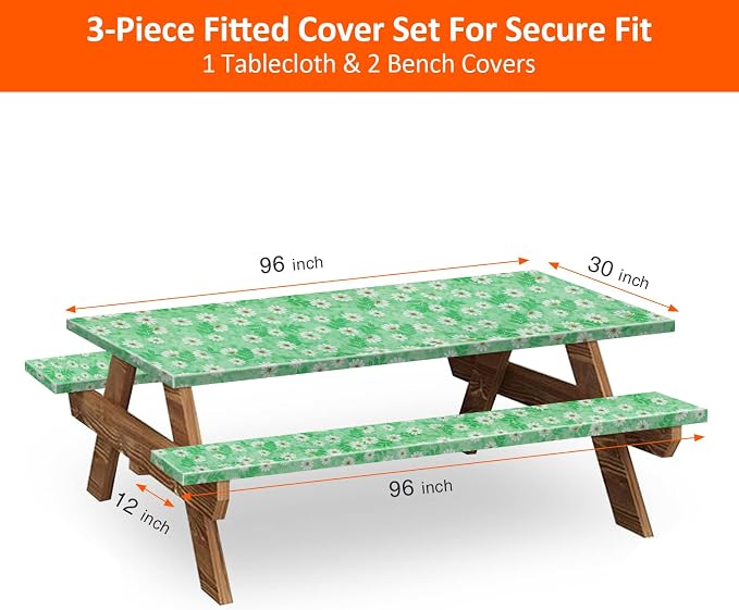 8ft Picnic Table and Bench Cover, Camping Essentials RV Gear, 96 in Waterproof Windproof Outdoor Elastic All Around Tablecloth, Fitted Rectangle Tables and Seats, Green Chrysanthemum