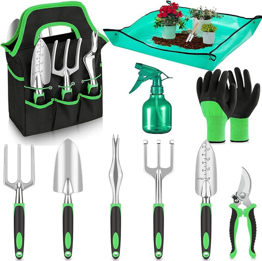 10-Piece Garden Tool Set - Heavy Duty Lightweight Aluminum Alloy Gardening Tools with Storage Tote Bag, Rust-Proof Gardening Hand Tools & Non-Slip Ergonomic Grip, Ideal Gardening Gifts for Women