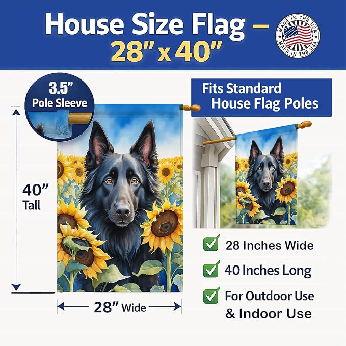 Caroline's Treasures DAC6023CHF Belgian Sheepdog in Sunflowers House Flag Large Porch Sleeve Pole Decorative Outside Yard Banner Artwork Wall Hanging, Polyester, House Size, Multicolor