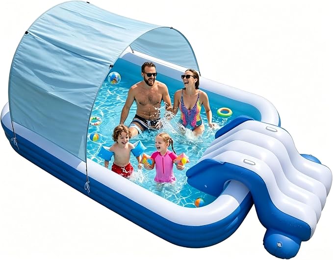 10 FT Inflatable Pool with Water Slide & UV Sun Canopy, 119x68x20 Inch Large Family Blow Up Pool for Kids, Adults & Pets, Heavy Duty PVC for Backyard Summer Water Party