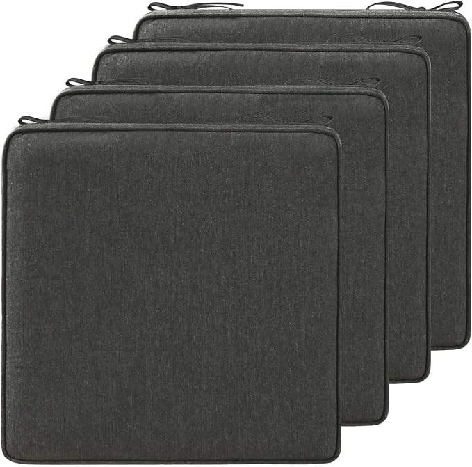 19 x 19 Inch Outdoor Chair Cushions with Tie Straps, Set of 4 Thick Water Repellent Square Patio Chair Pads for Garden Lawn Patio Furniture, Charcoal