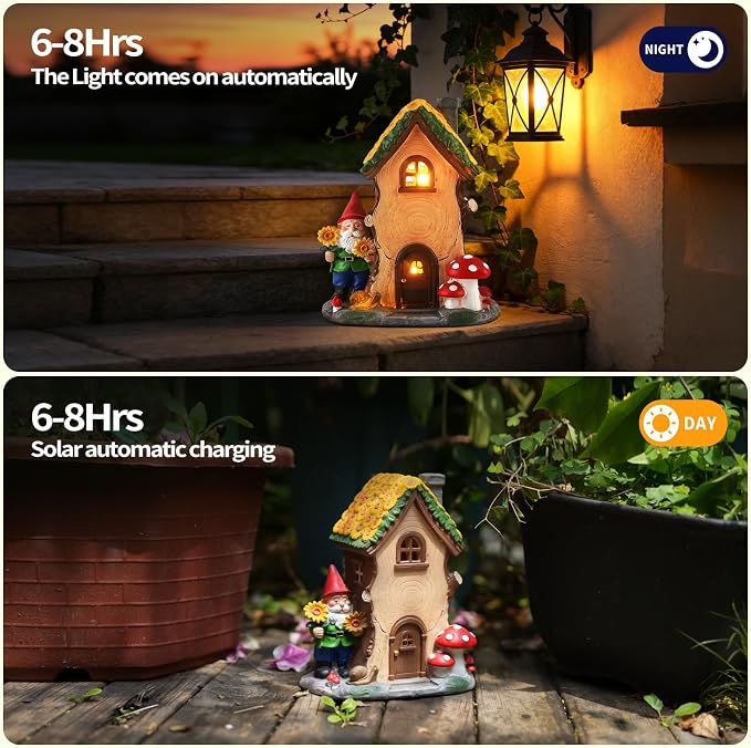 11.42" Solar Garden Gnome House Statue with Lighted Resin Fairy House | Sunflower and Mushroom Decor for Patio, Yard, Porch, Entryway and Balcony, Charming Garden Sculpture Gift for Mom and Grandma