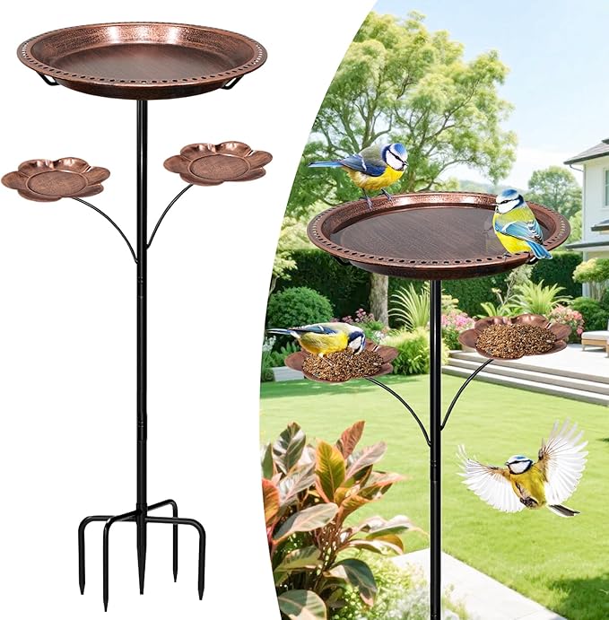 37In Metal Bird Bath for Outside, Vintage Standing Birdbaths with 2 Detachable Flower Feeders, Large Bird Bath Bowl Bird Feeder for Garden Patio Yard,Upgraded 5-Pronged Base (Antique Bronze)