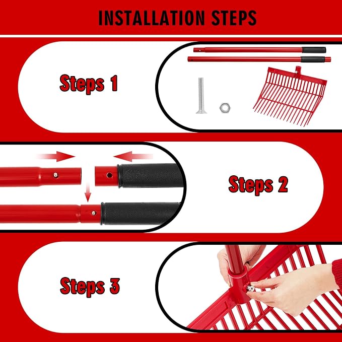 Lasnten 3 Sets Manure Fork with Long Handle, ABS Plastic Head & Metal Handle, Pitch Fork Manure Rake Heavy Duty Muck Rake for Gardening Horse Stable Grass Hay Cleaning Farm Work (Red,Normal Grip)