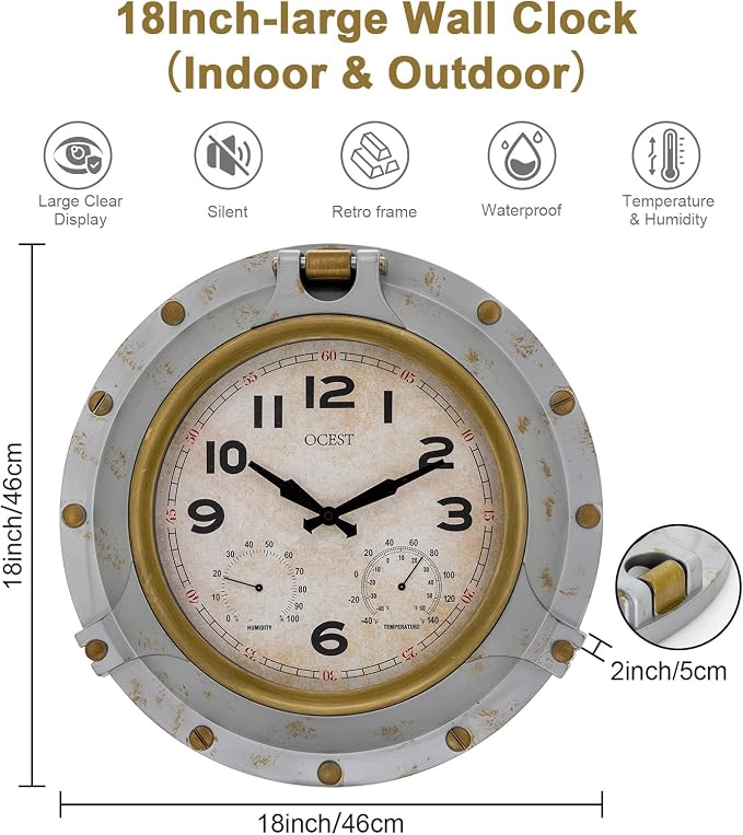 OCEST 18 Inch Outdoor Wall Clock with Thermometer and Hygrometer, Lightweight Waterproof Silent Clock with Large Easy-to-Read Numbers for Patio, Garden & Porch, Vintage Style