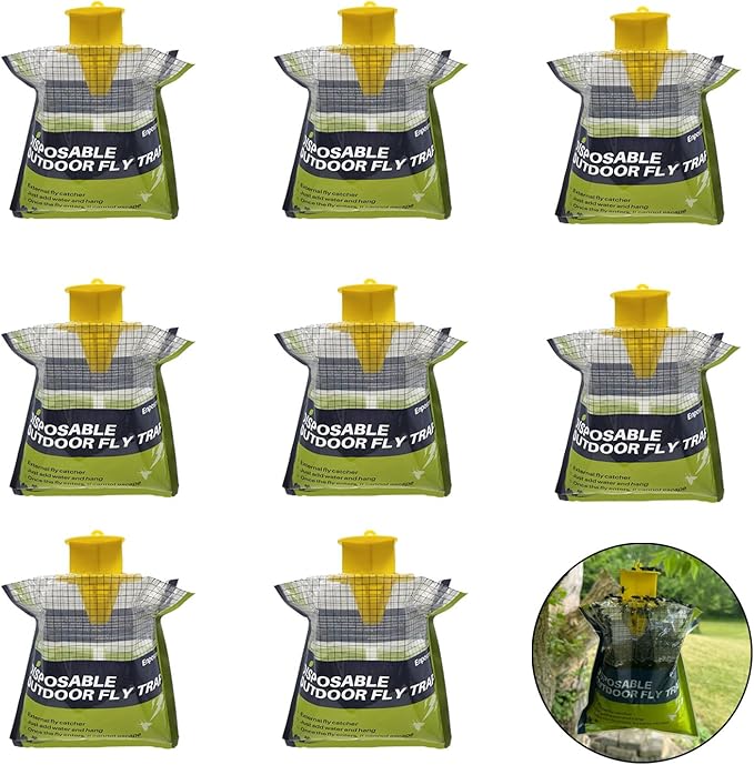 8 Pack Fly Traps Outdoor Hanging Disposable Fly Bags Trap, Effective Pre-Baited Flies Catcher, Flies Killer Bug Control for Patio, Yard, Chicken Coops, Horse Stables, Barns